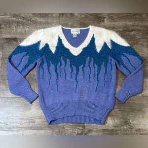 VINTAGE CHRISTINE LADIES SWEATER PURPLE HAND KNIT WITH WHITE ANGORA YOKE L